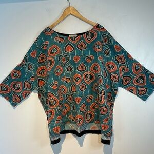 Buykud 100% linen turquoise/orange print 3/4 length sleeve top size XL